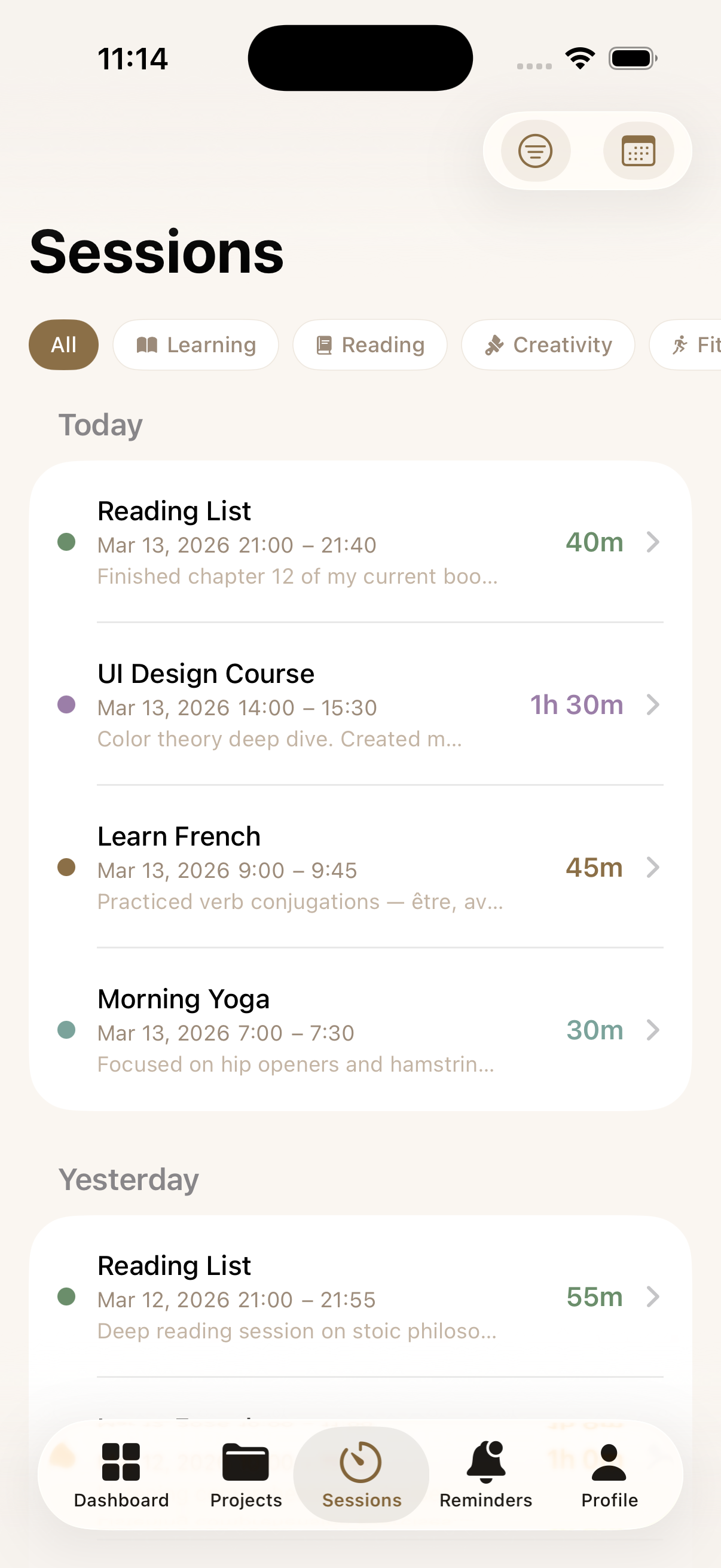Sessions history list